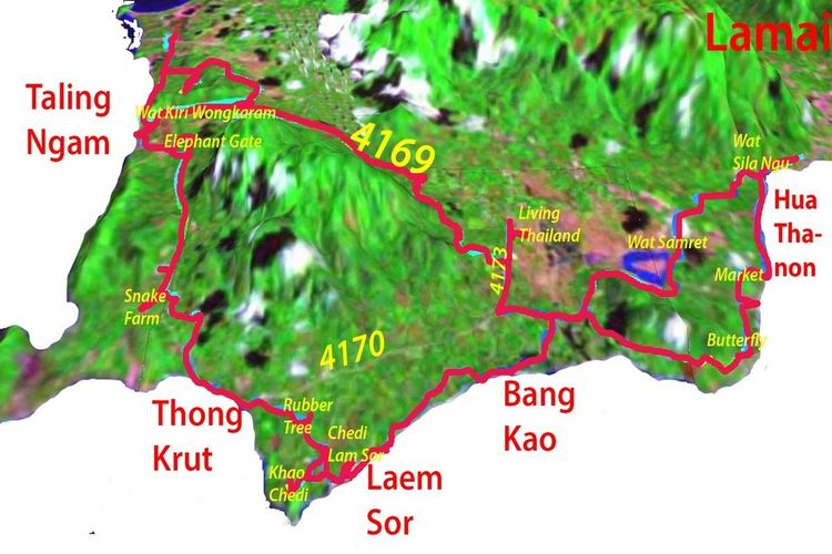 Route goes from Lamai through Hua Thanon Bang kao Laem Sor Thong Krut and back to Lamai.